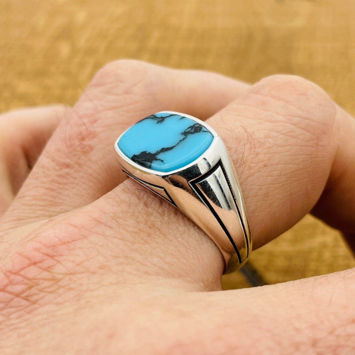 Men's Rectangle Blue Turquoise Stone Ring