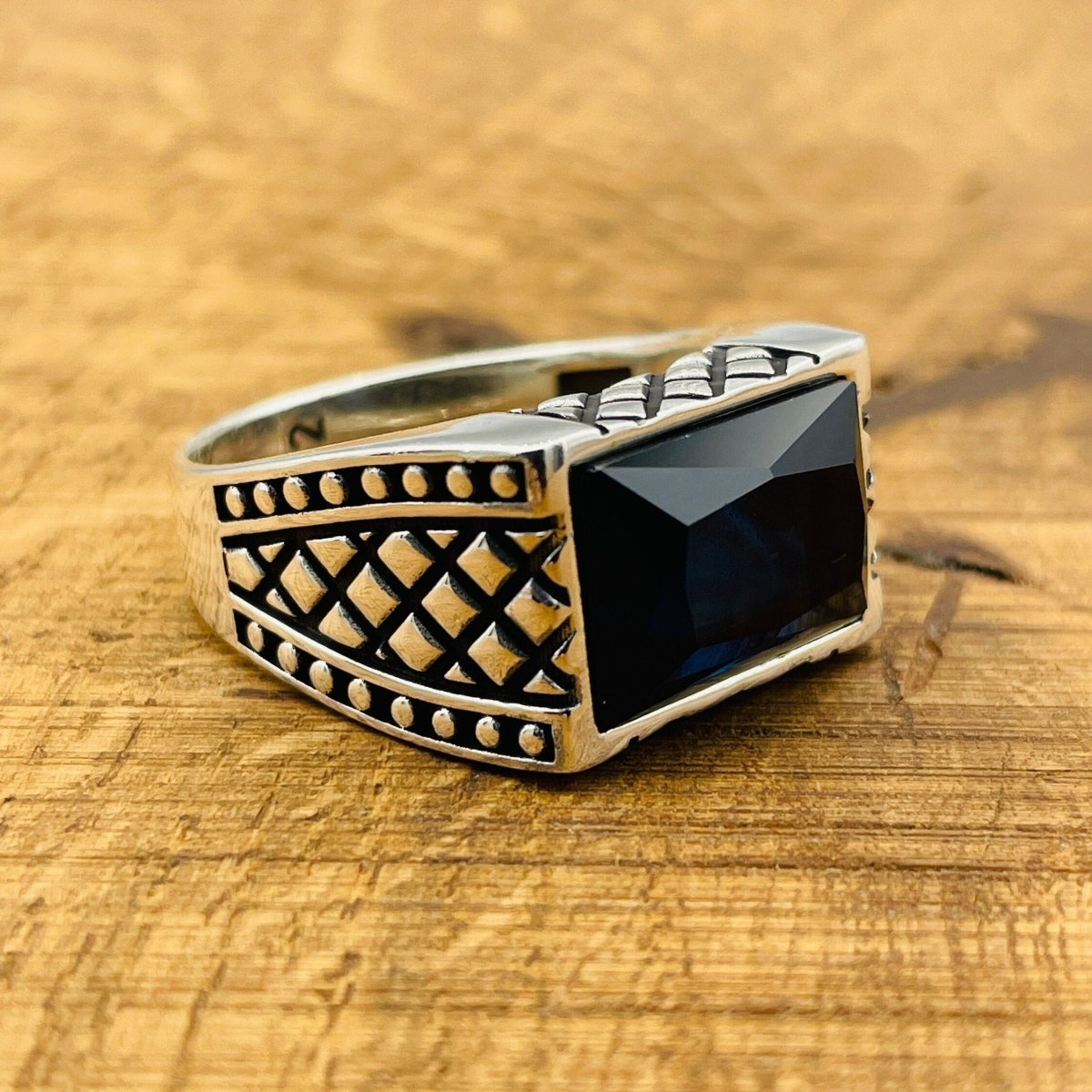 Men's Rectangle Dark Blue Sapphire Stone Ring