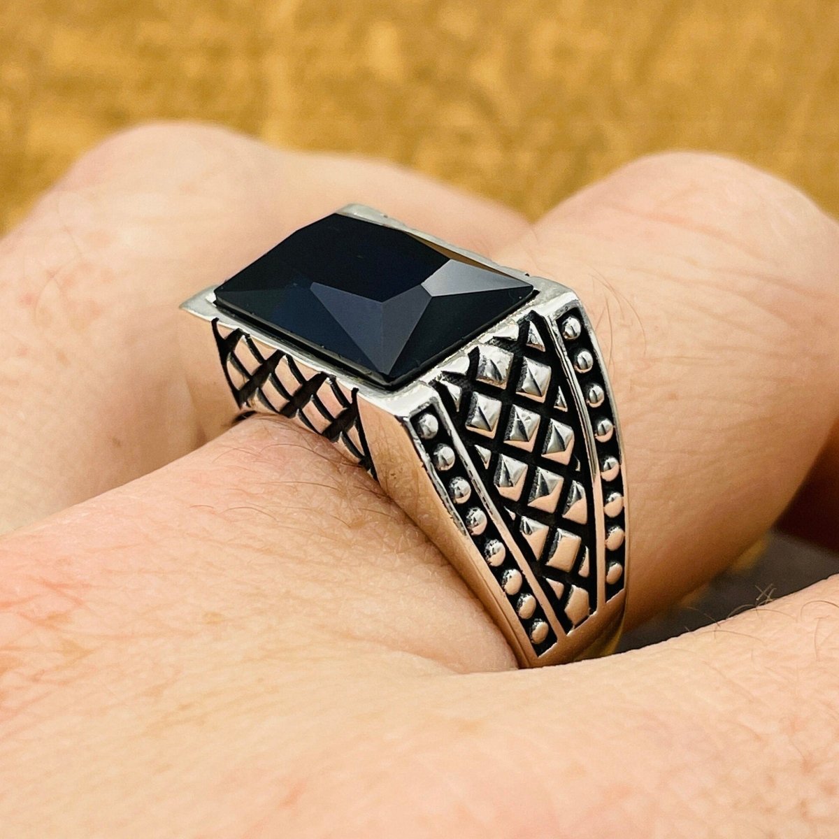 Men's Rectangle Dark Blue Sapphire Stone Ring