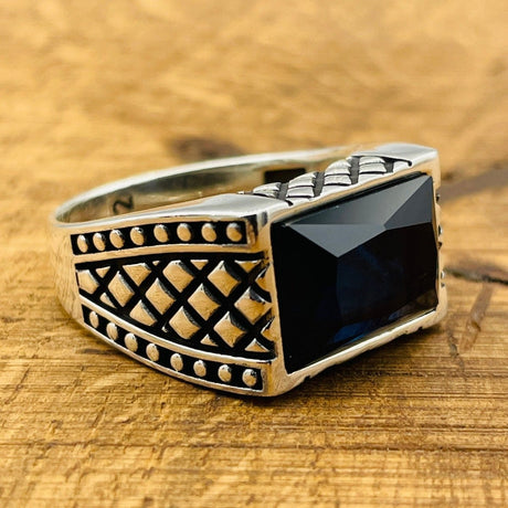 Men's Rectangle Dark Blue Sapphire Stone Ring