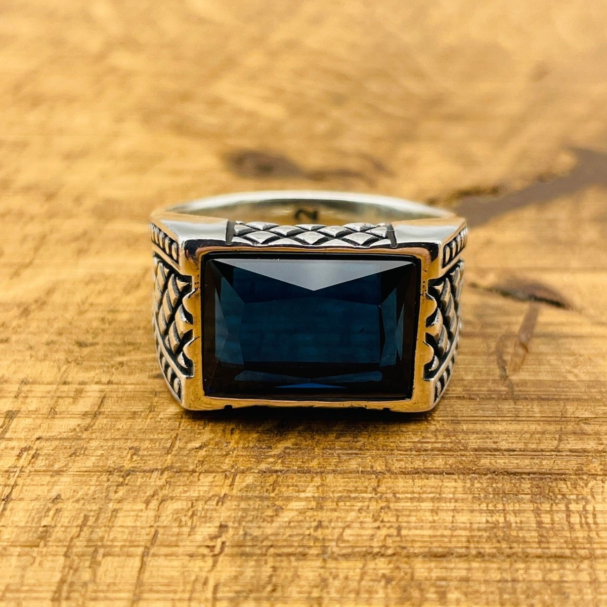 Men's Rectangle Dark Blue Sapphire Stone Ring