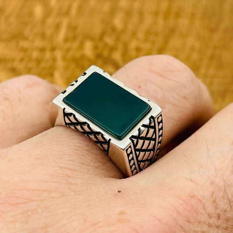 Men's Rectangle Green Agate Stone Ring