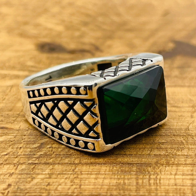 Men's Rectangle Green Zircon Stone Silver Ring