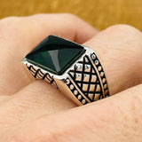 Men's Rectangle Green Zircon Stone Silver Ring