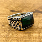 Men's Rectangle Green Zircon Stone Silver Ring