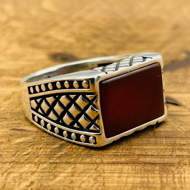 Men's Rectangle Red Agate Stone Ring