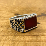 Men's Rectangle Red Agate Stone Ring