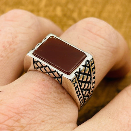 Men's Rectangle Red Agate Stone Ring