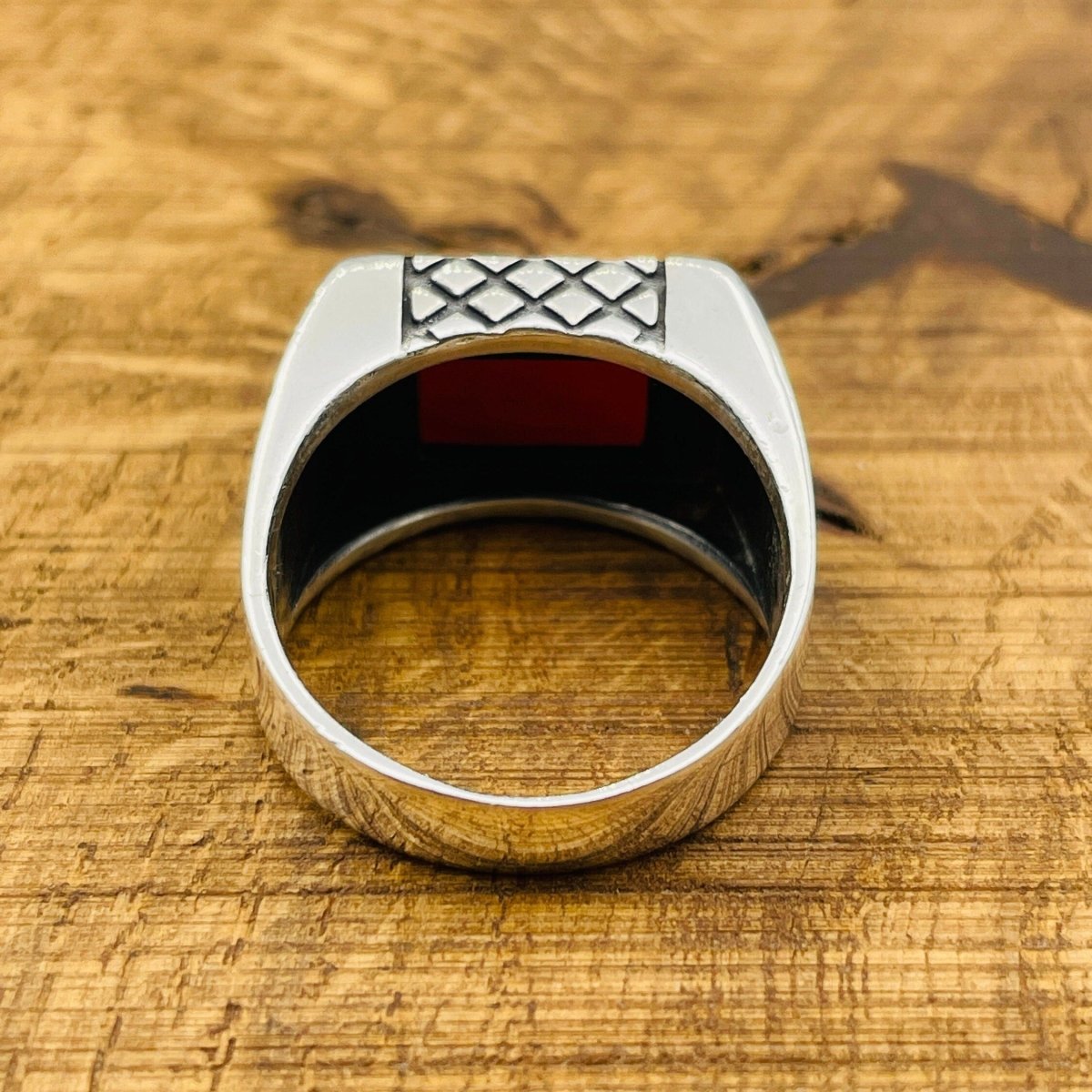 Men's Rectangle Red Agate Stone Ring