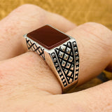 Men's Rectangle Red Agate Stone Ring