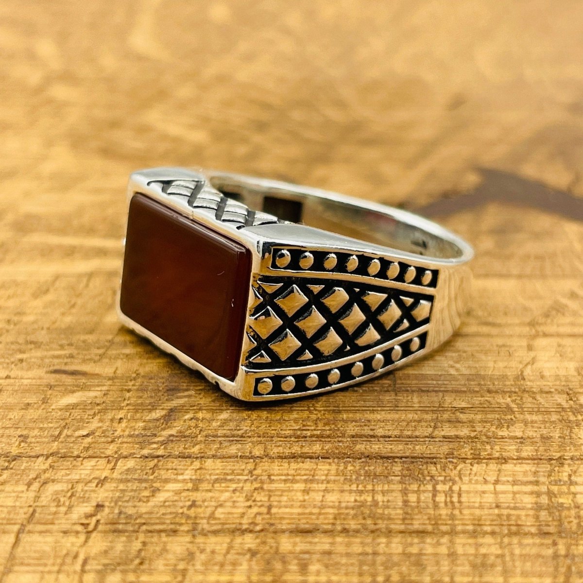 Men's Rectangle Red Agate Stone Ring