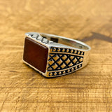 Men's Rectangle Red Agate Stone Ring