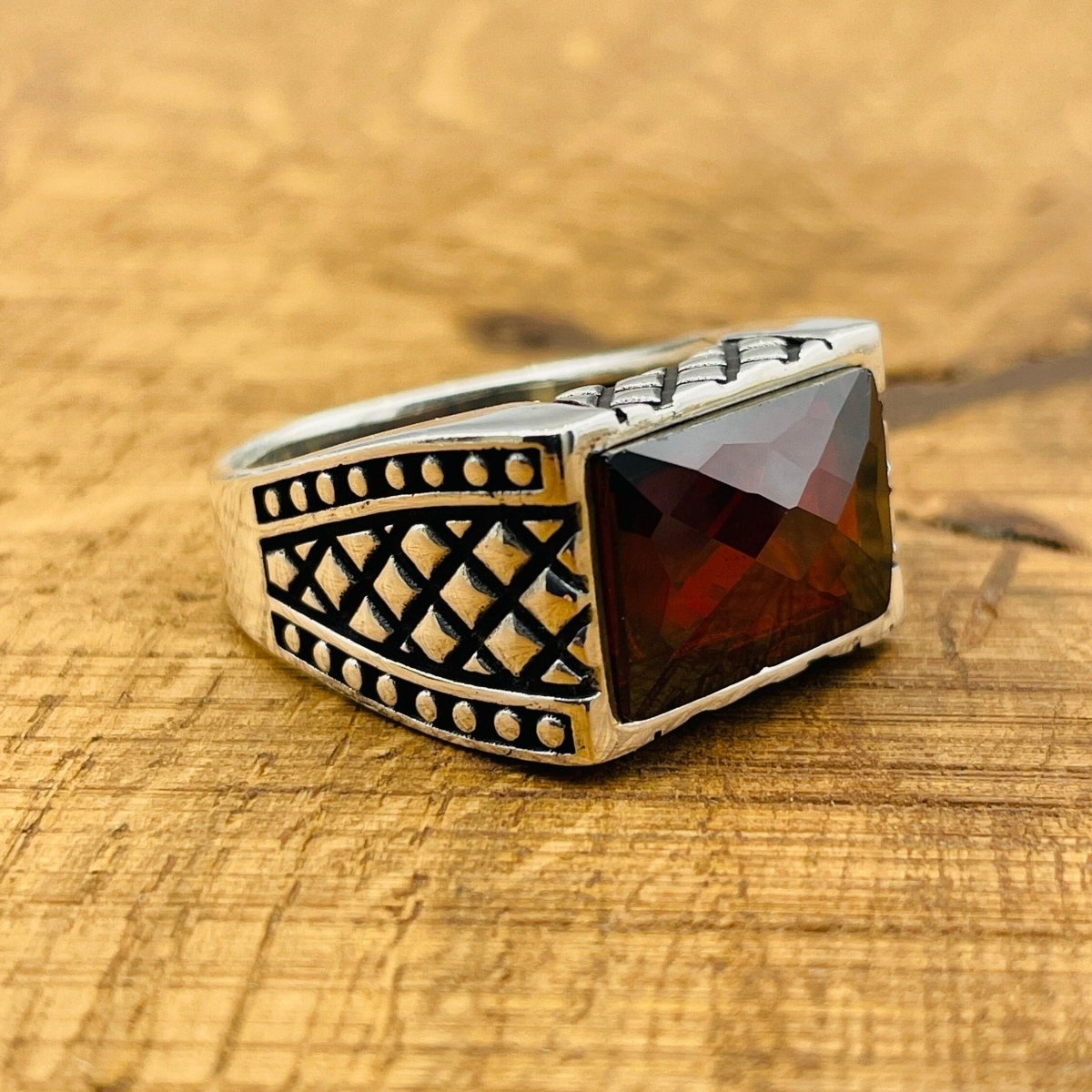 Men's Rectangle Red Zircon Stone Ring