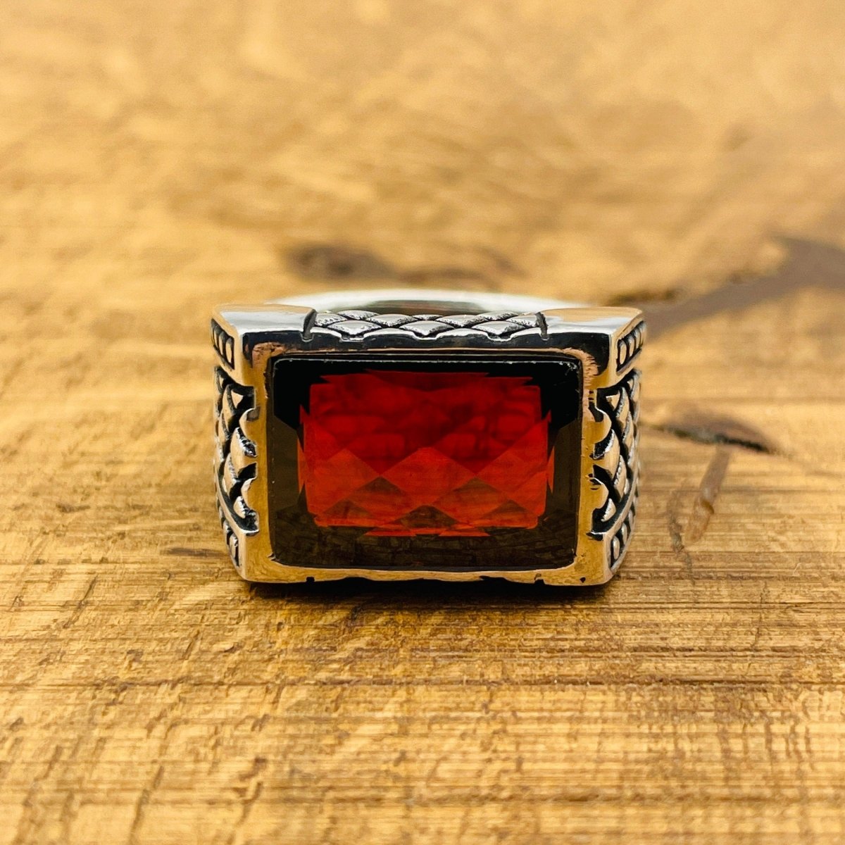 Men's Rectangle Red Zircon Stone Ring