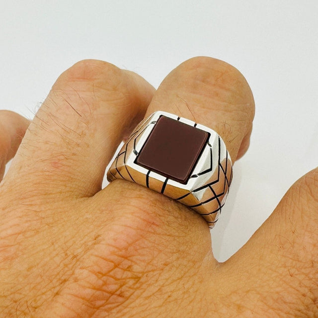 Men's Red Agate Gemstone Silver Ring