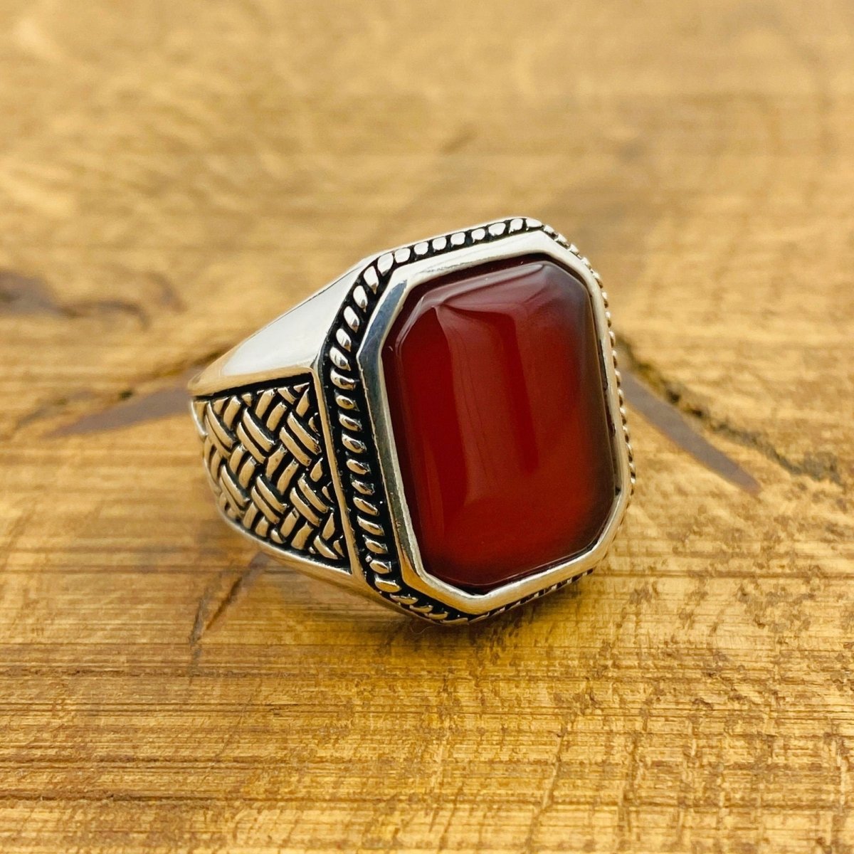 Men's Red Agate Gemstone Silver Ring