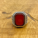 Men's Red Agate Gemstone Silver Ring