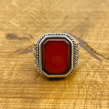 Men's Red Agate Gemstone Silver Ring - TryAladdin