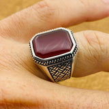 Men's Red Agate Gemstone Silver Ring