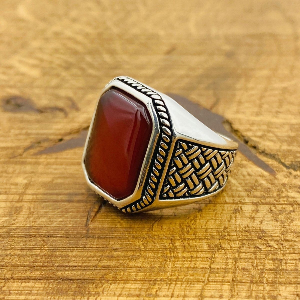 Men's Red Agate Gemstone Silver Ring