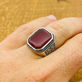 Men's Red Agate Gemstone Silver Ring