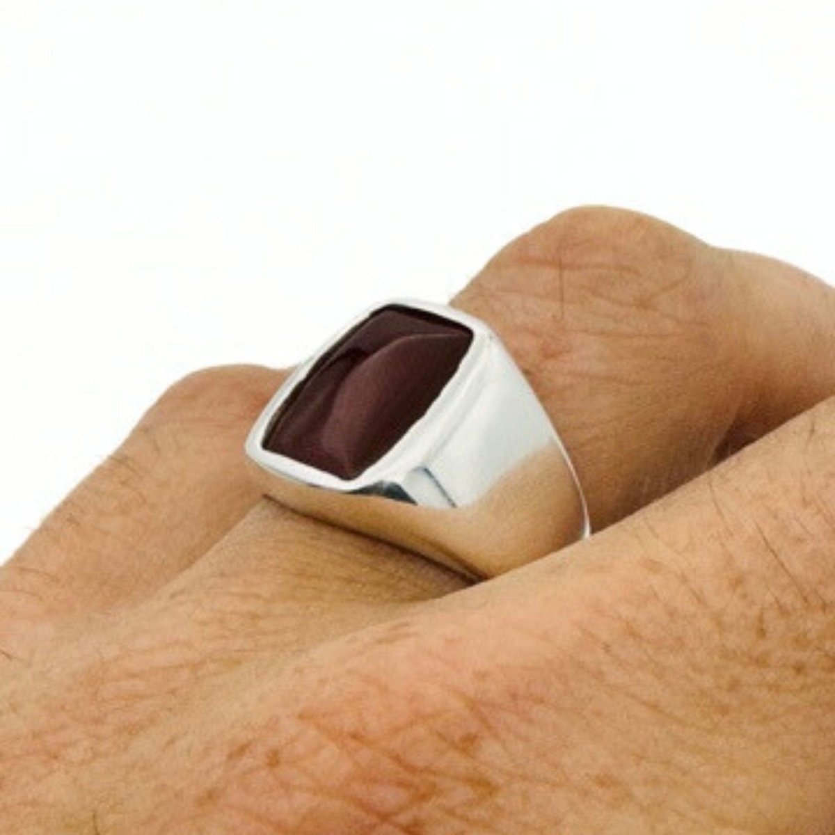 Men's Red Agate Gemstone Silver Ring