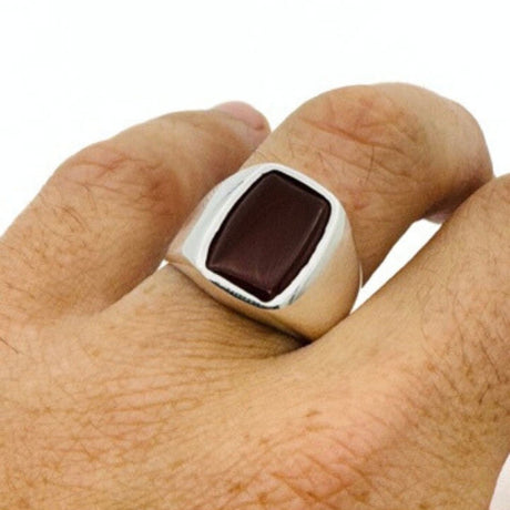 Men's Red Agate Gemstone Silver Ring