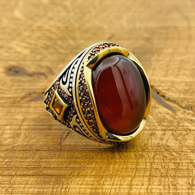 Men's Red Agate Ottoman Silver Ring