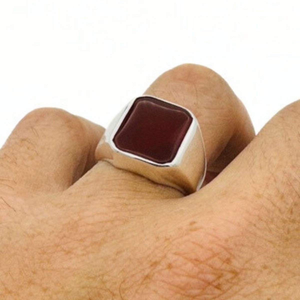 Men's Red Agate Silver Ring