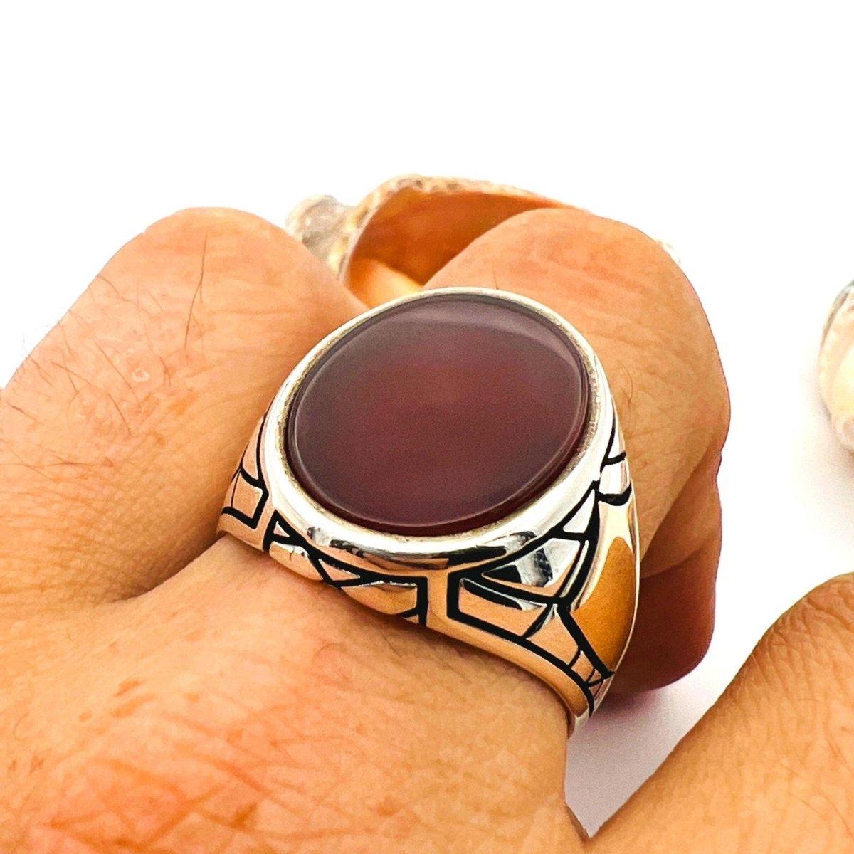 Men's Red Agate Silver Ring