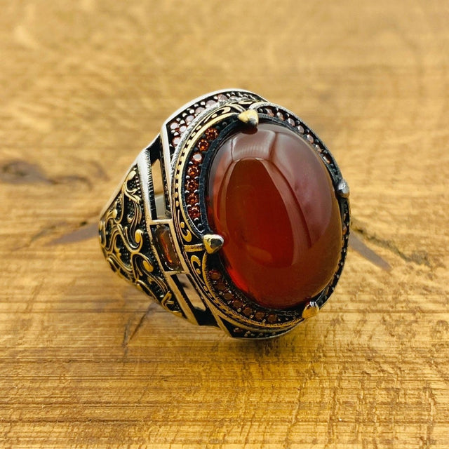 Men's Red Agate Silver Ring