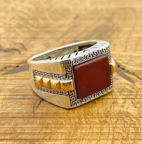 Men's Red Agate Silver Ring