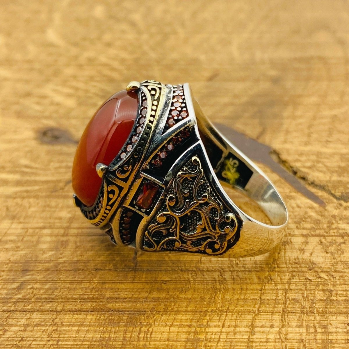 Men's Red Agate Silver Ring