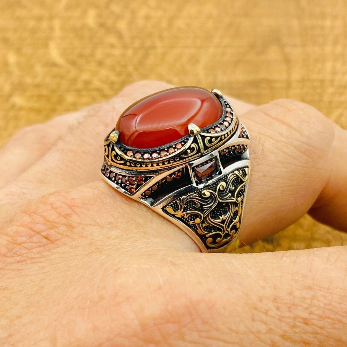 Men's Red Agate Silver Ring