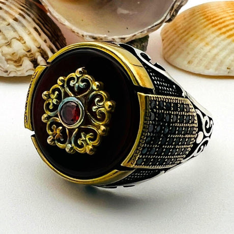 Men's Red Agate Silver Ring