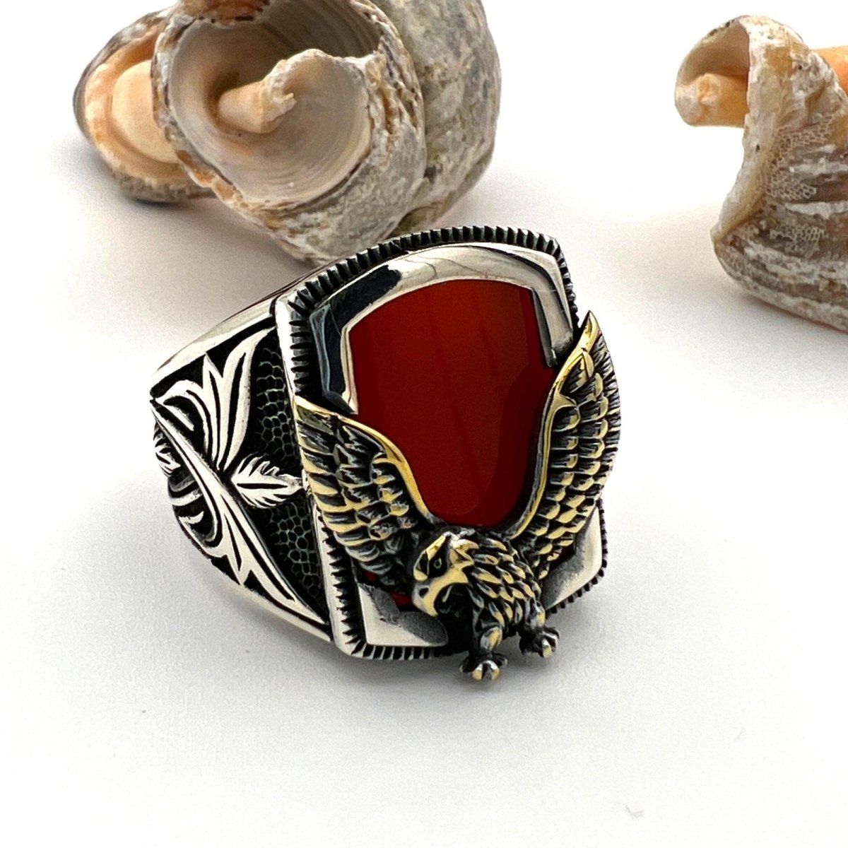 Men's Red Agate Stone Silver Ring