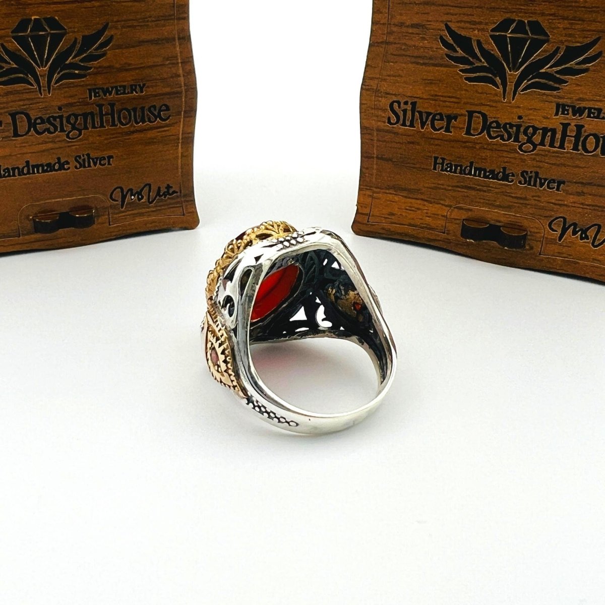 Men's Red Agate Stone Silver Ring