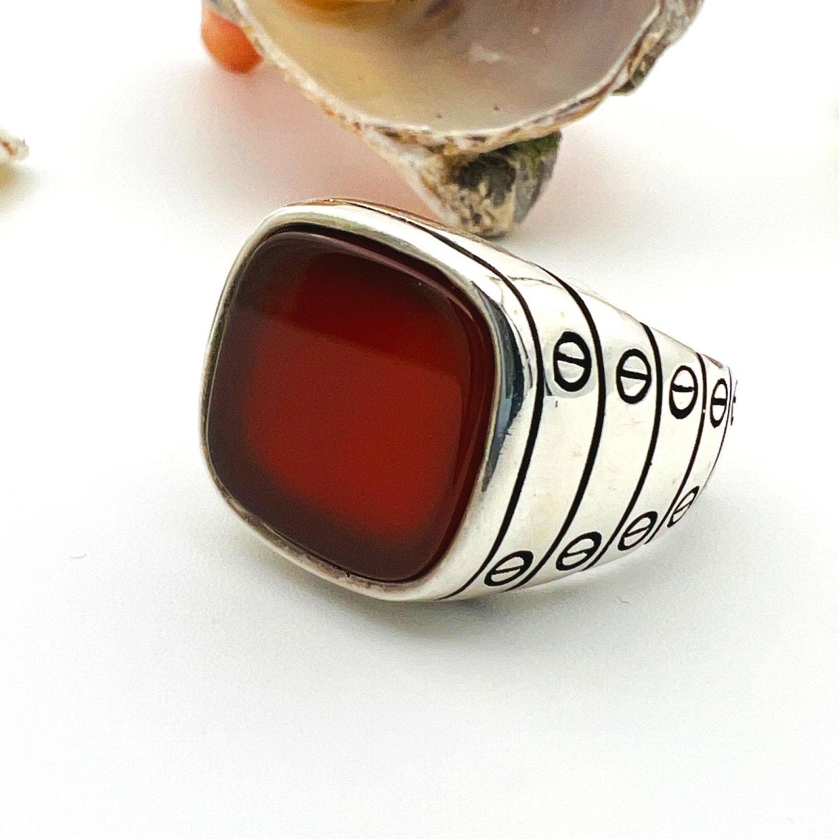 Men's Red Agate Stone Silver Ring