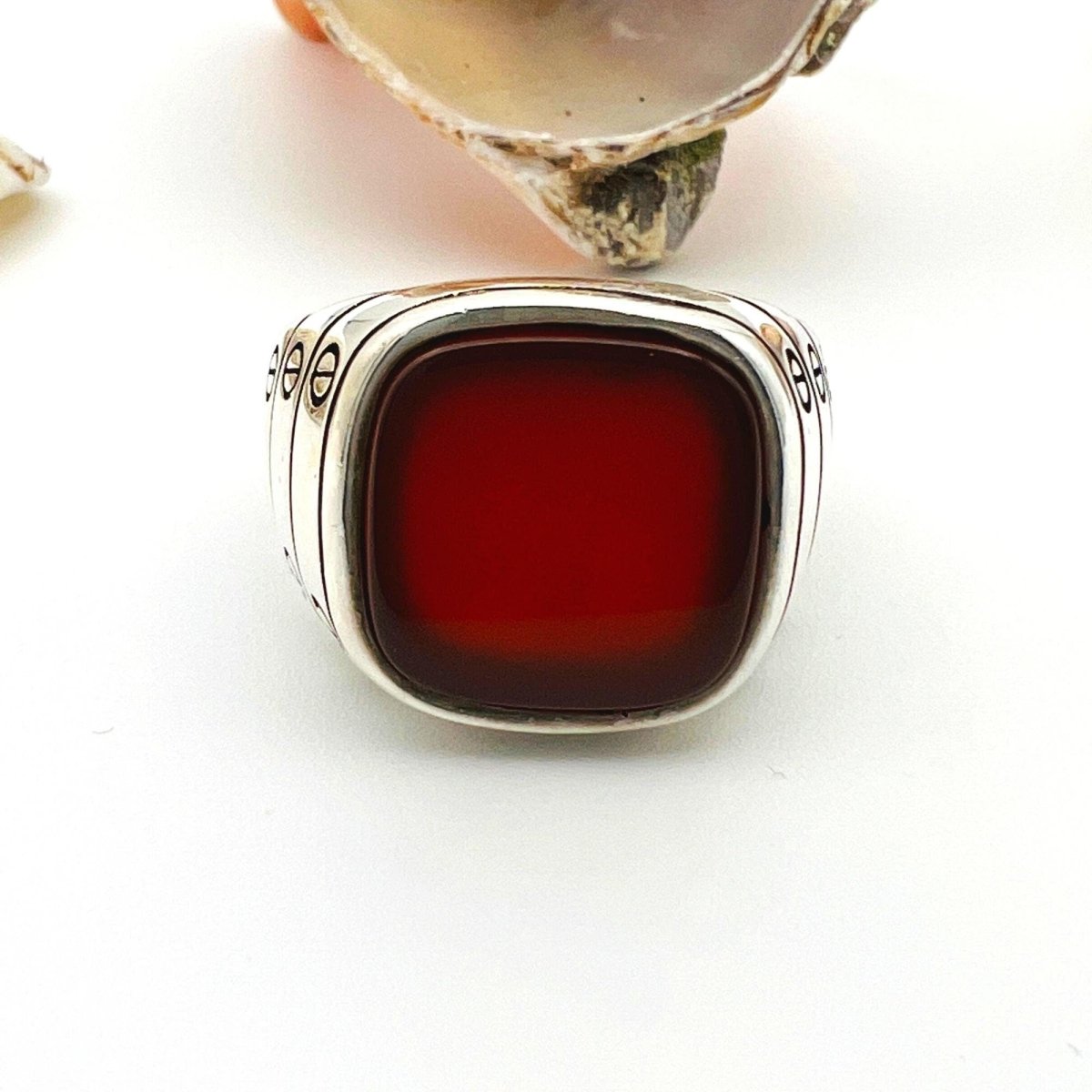 Men's Red Agate Stone Silver Ring