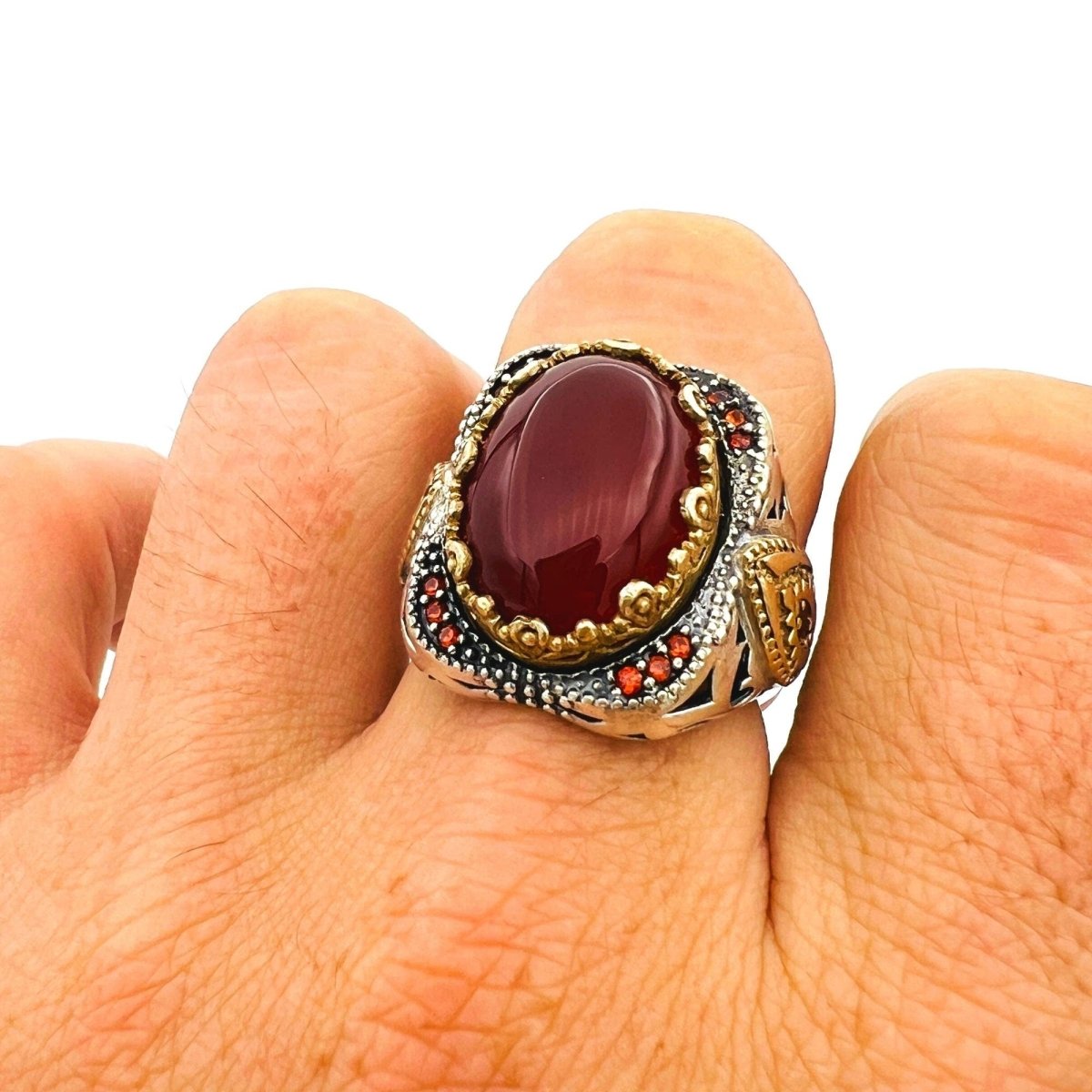 Men's Red Agate Stone Silver Ring - TryAladdin