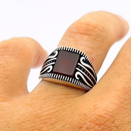 Men's Red Agate Stone Silver Ring