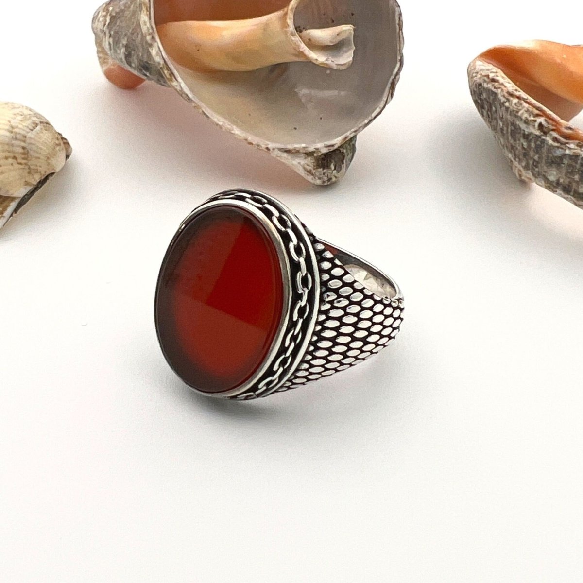 Men's Red Agate Stone Silver Ring