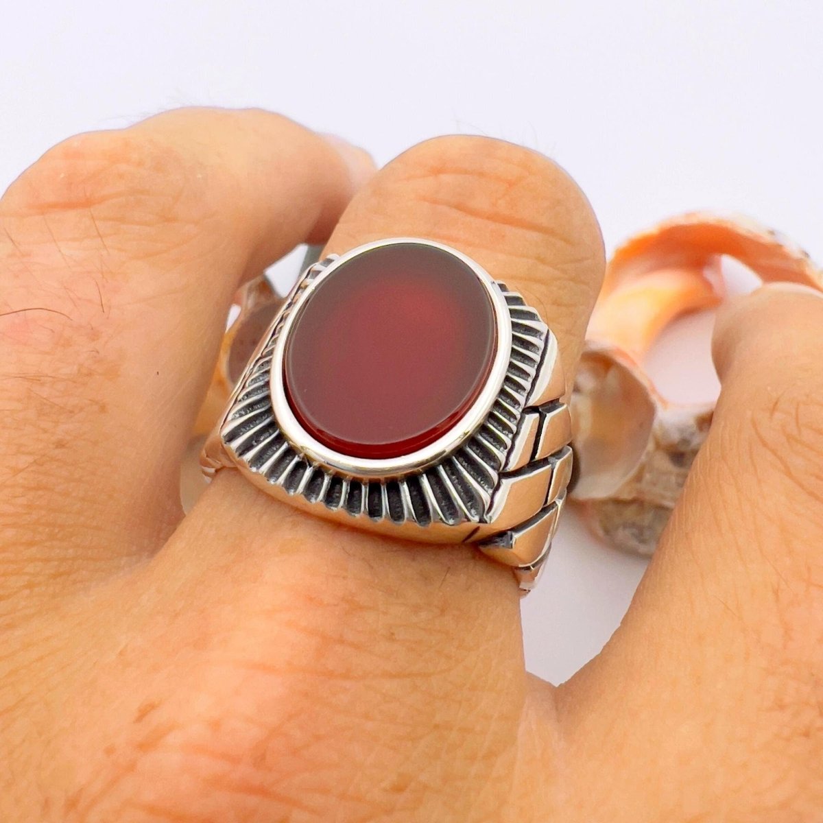 Men's Red Agate Stone Silver Ring