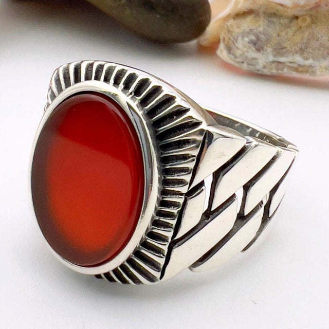 Men's Red Agate Stone Silver Ring