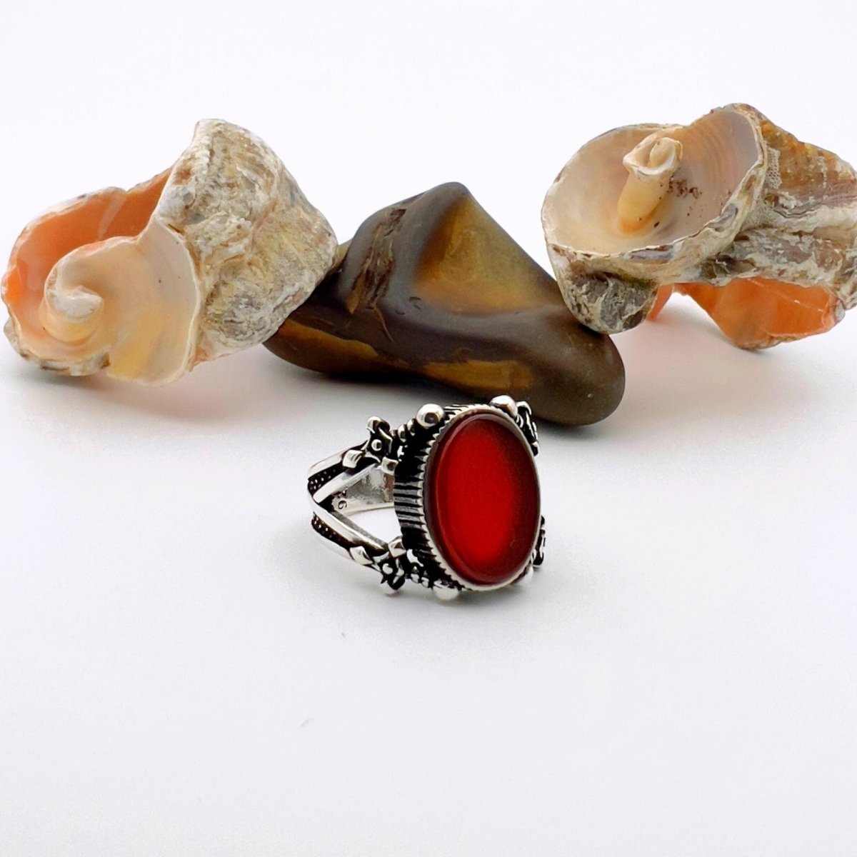 Men's Red Agate Stone Silver Ring