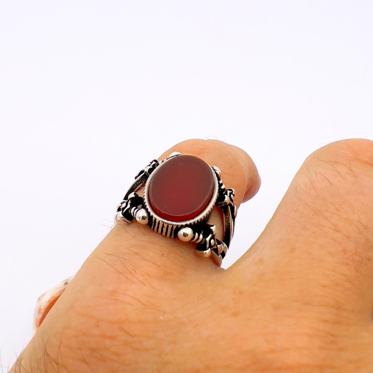 Men's Red Agate Stone Silver Ring