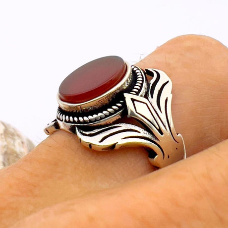 Men's Red Agate Stone Silver Ring