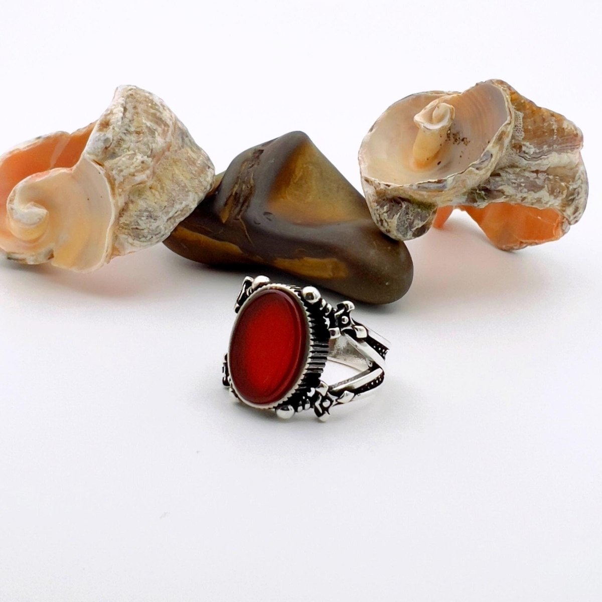 Men's Red Agate Stone Silver Ring