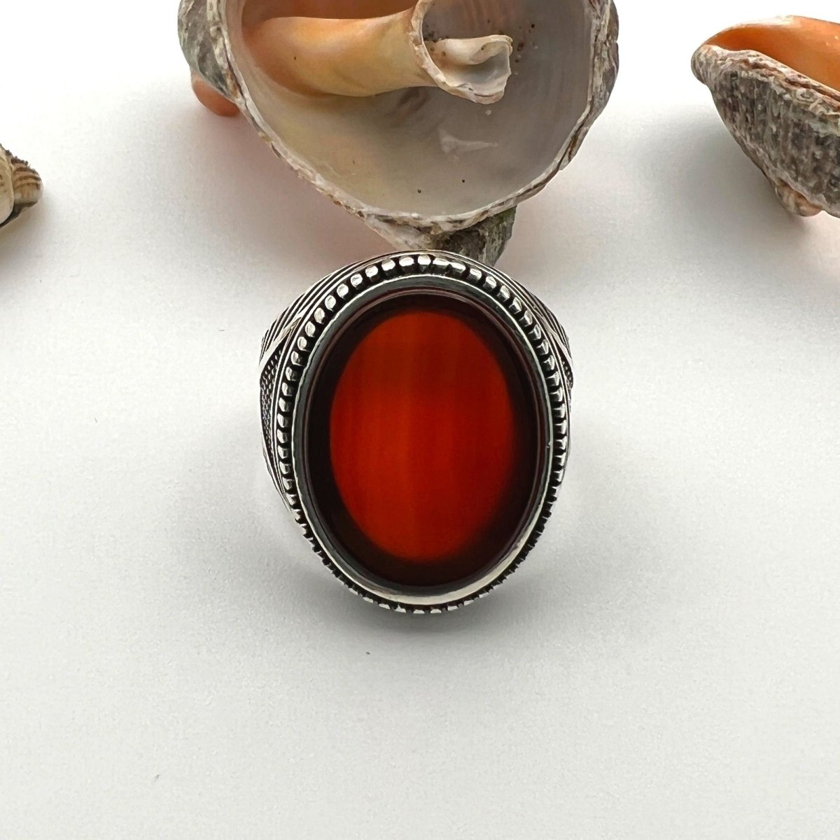 Men's Red Agate Stone Silver Ring - TryAladdin