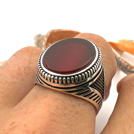 Men's Red Agate Stone Silver Ring - TryAladdin